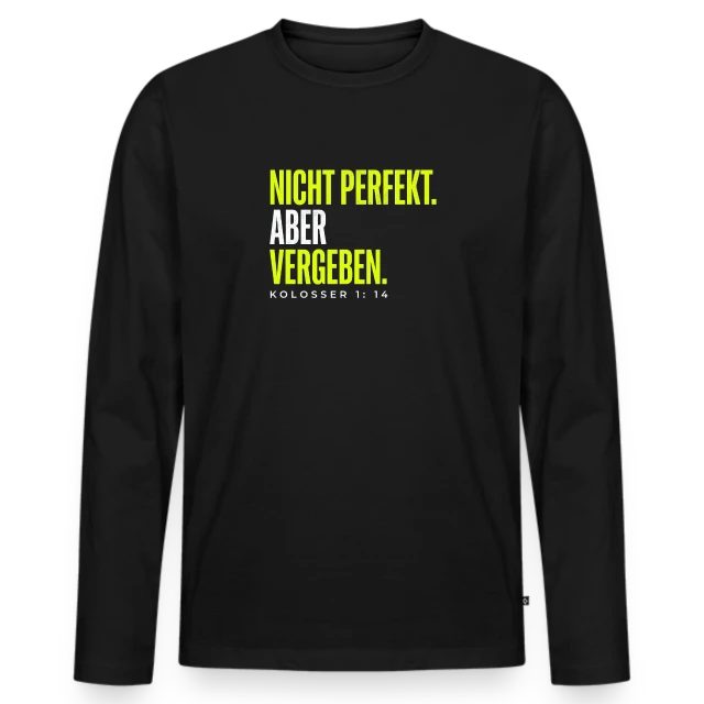 Nicht perfekt. Aber vergeben. – Kolosser 1,14 auf Männer Premium Bio Langarmshirt in Schwarz, Vorderansicht