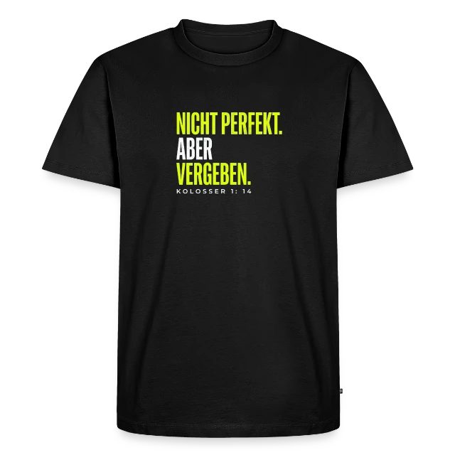 Nicht perfekt. Aber vergeben. – Kolosser 1,14 auf Männer Premium Bio T-Shirt in Schwarz, Vorderansicht