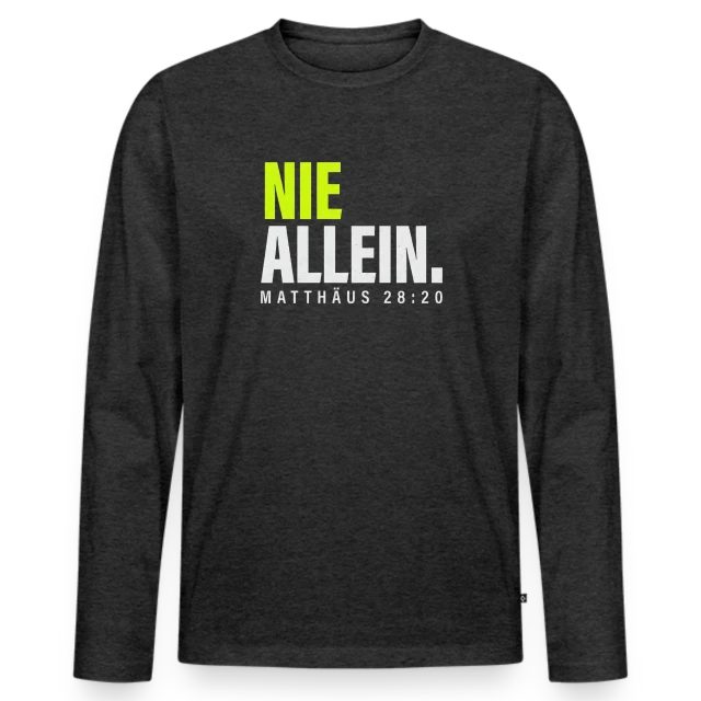 Nie allein – Matthäus 28,20 auf Männer Premium Bio Langarmshirt in Anthrazit meliert, Vorderansicht