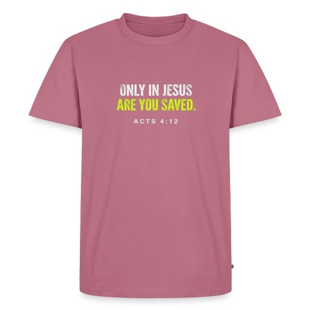 Only in Jesus – Acts 4:12 auf Männer Premium Bio T-Shirt in Mauve, Vorderansicht