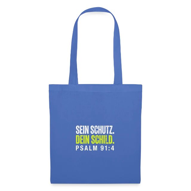Sein Schutz. Dein Schild. – Psalm 91,4 auf Stoffbeutel in Hellblau, Vorderansicht