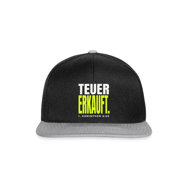 Teuer erkauft – 1. Korinther 6,20 auf Snapback Cap in Schwarz/Grau, Vorderansicht
