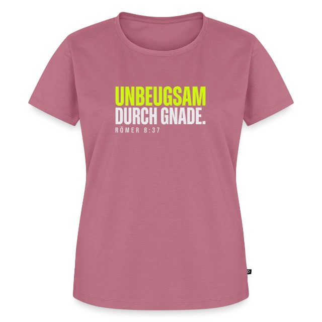 Unbeugsam durch Gnade – Römer 8,37 auf Frauen Premium Bio T-Shirt in Mauve, Vorderansicht