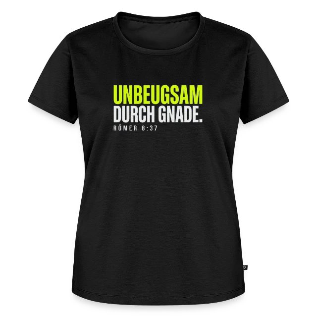 Unbeugsam durch Gnade – Römer 8,37 auf Frauen Premium Bio T-Shirt in Schwarz, Vorderansicht