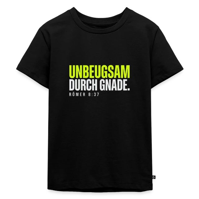Unbeugsam durch Gnade – Römer 8,37 auf Kinder Premium Bio T-Shirt in Schwarz, Vorderansicht