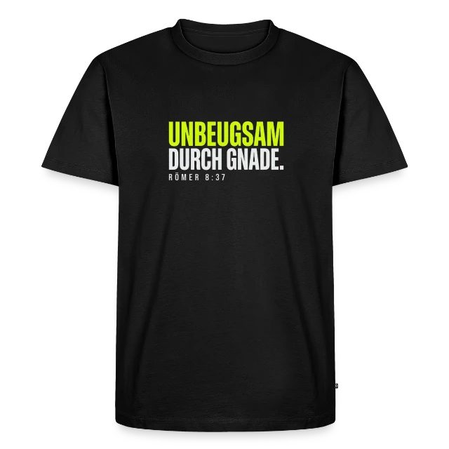 Unbeugsam durch Gnade – Römer 8,37 auf Männer Premium Bio T-Shirt in Schwarz, Vorderansicht