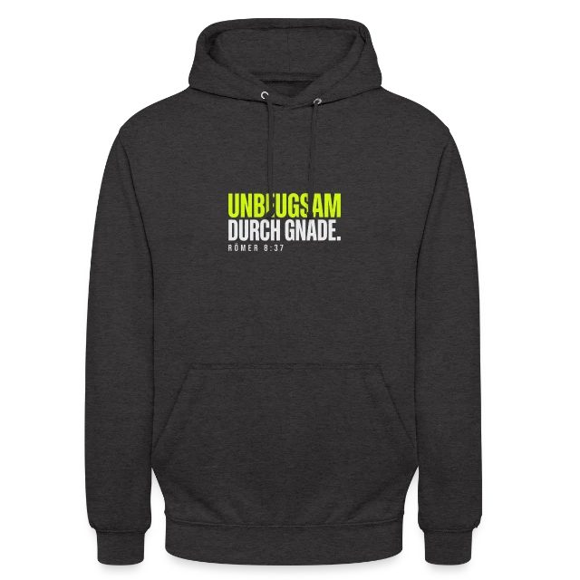 Unbeugsam durch Gnade – Römer 8,37 auf Unisex Hoodie in Anthrazit, Vorderansicht