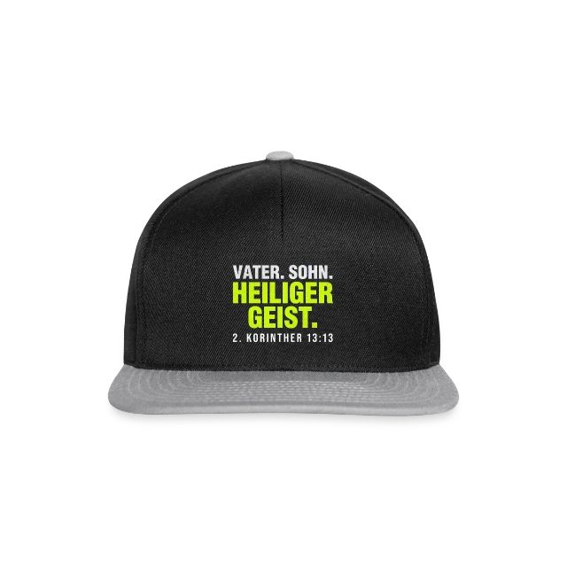 Vater. Sohn. Heiliger Geist. – 2. Korinther 13,13 auf Snapback Cap in Schwarz/Grau, Vorderansicht