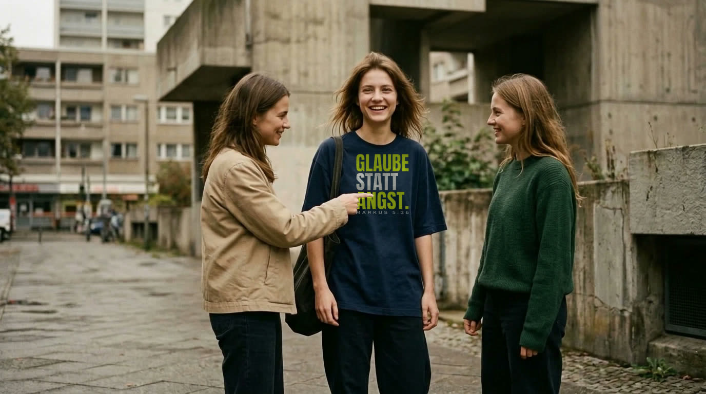 Freundinnen im Gespräch über das Statement-Shirt Glaube statt Angst