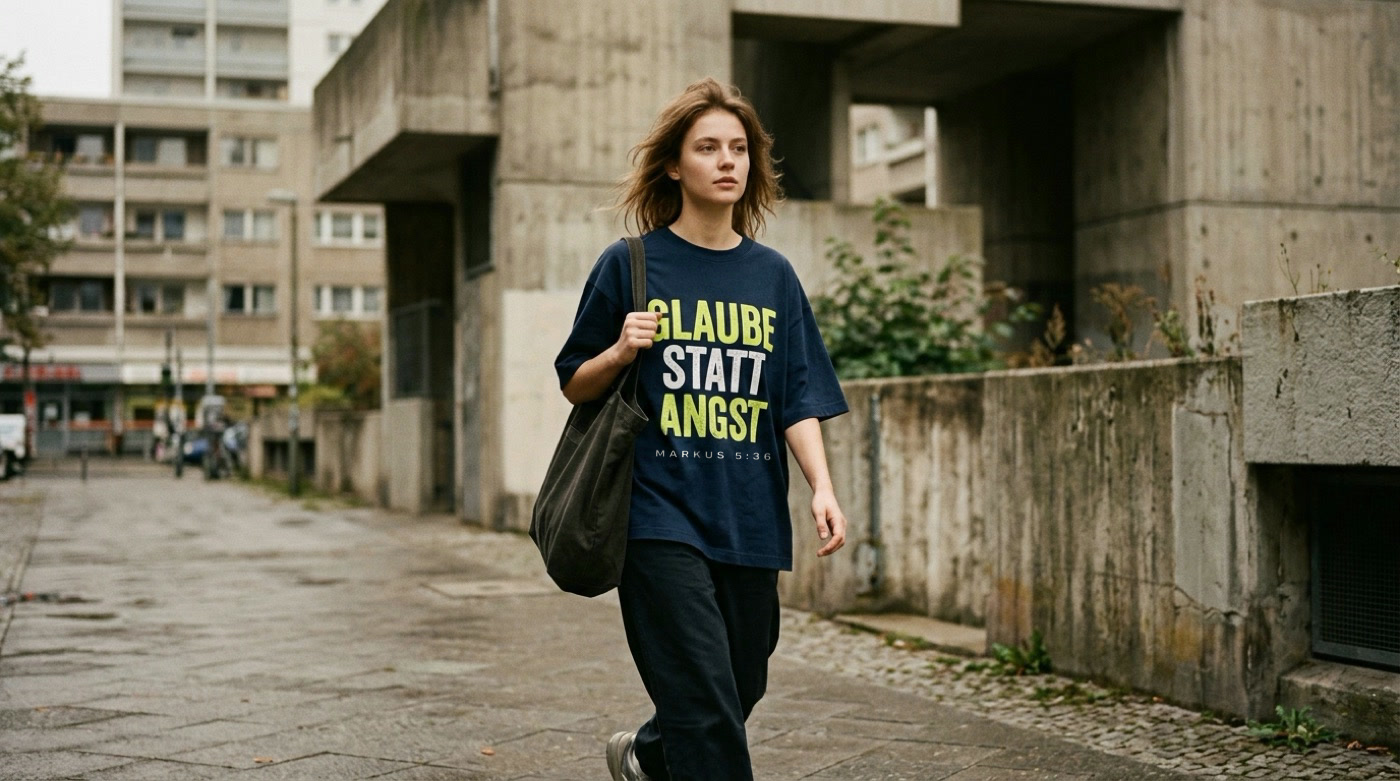 Junge Frau mit dem Statement-Shirt Glaube statt Angst vor heller Architektur