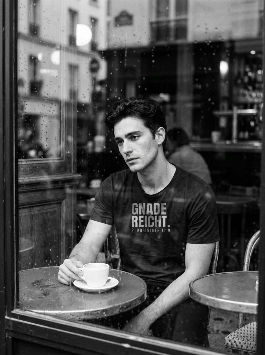 Mann sitzt nachdenklich in einem Café, auf seinem Shirt steht „Gnade reicht.“
