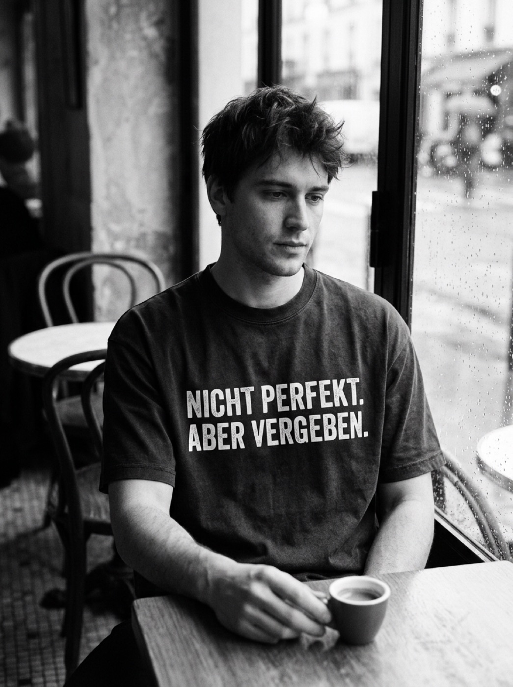 Junger Mann mit Statement-Shirt sitzt in einem hellen Café