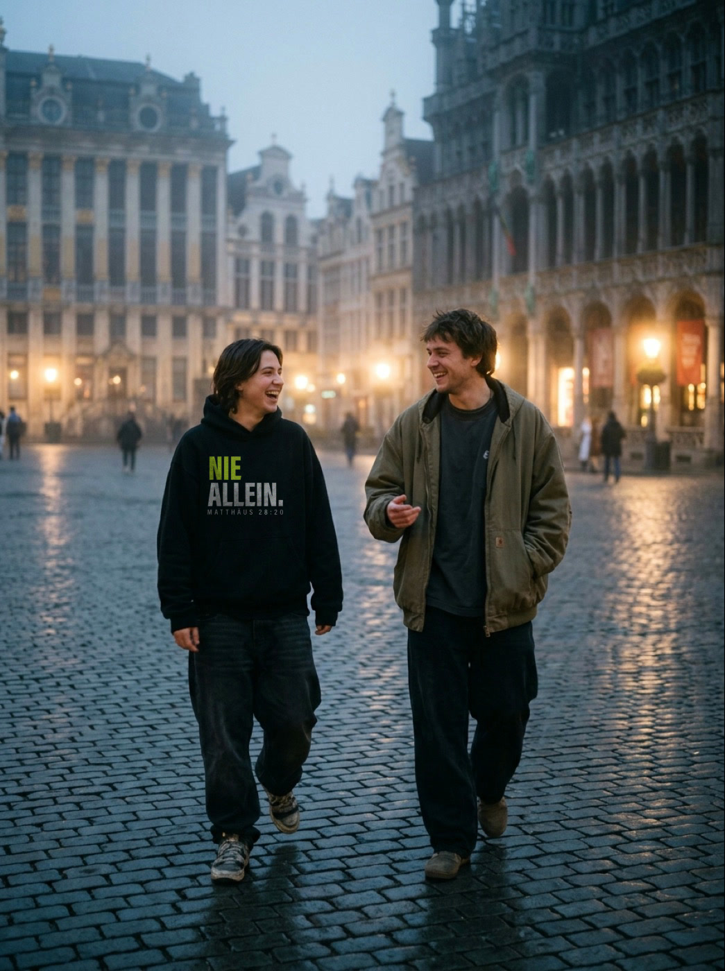 Zwei Freunde unterwegs, einer trägt den Hoodie Nie allein